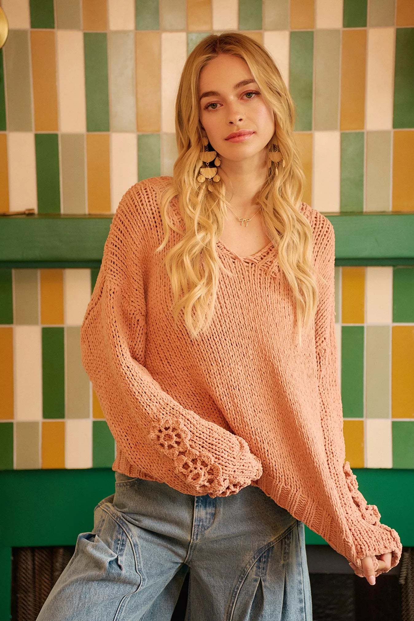Chunky Knit Sweater with Flower Detail Sleeves