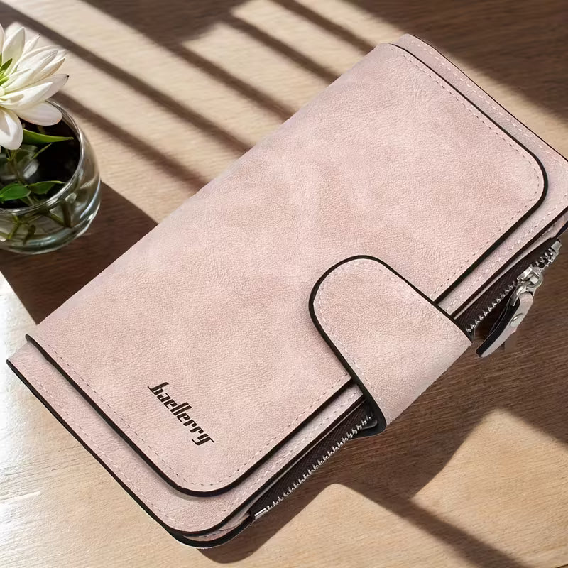 Vintage Faux Leather Long Wallet – Trifold Credit Card Holder with Snap &amp; Zipper