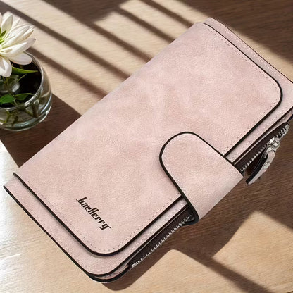 Vintage Faux Leather Long Wallet – Trifold Credit Card Holder with Snap &amp; Zipper