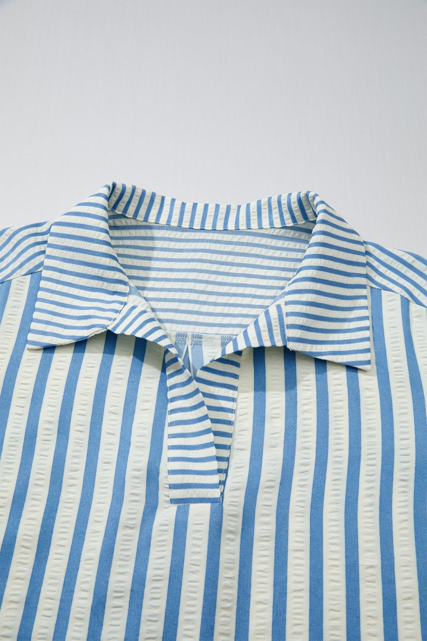 Sky Blue Stripe 3/4 Sleeve Collared Neck Blouse - Loving It Shop