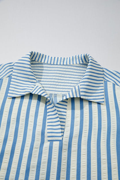 Sky Blue Stripe 3/4 Sleeve Collared Neck Blouse - Loving It Shop