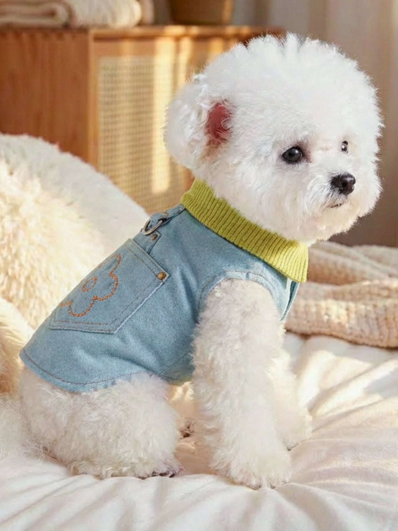 Denim Flower Embroidered Pet Top - Loving It Shop