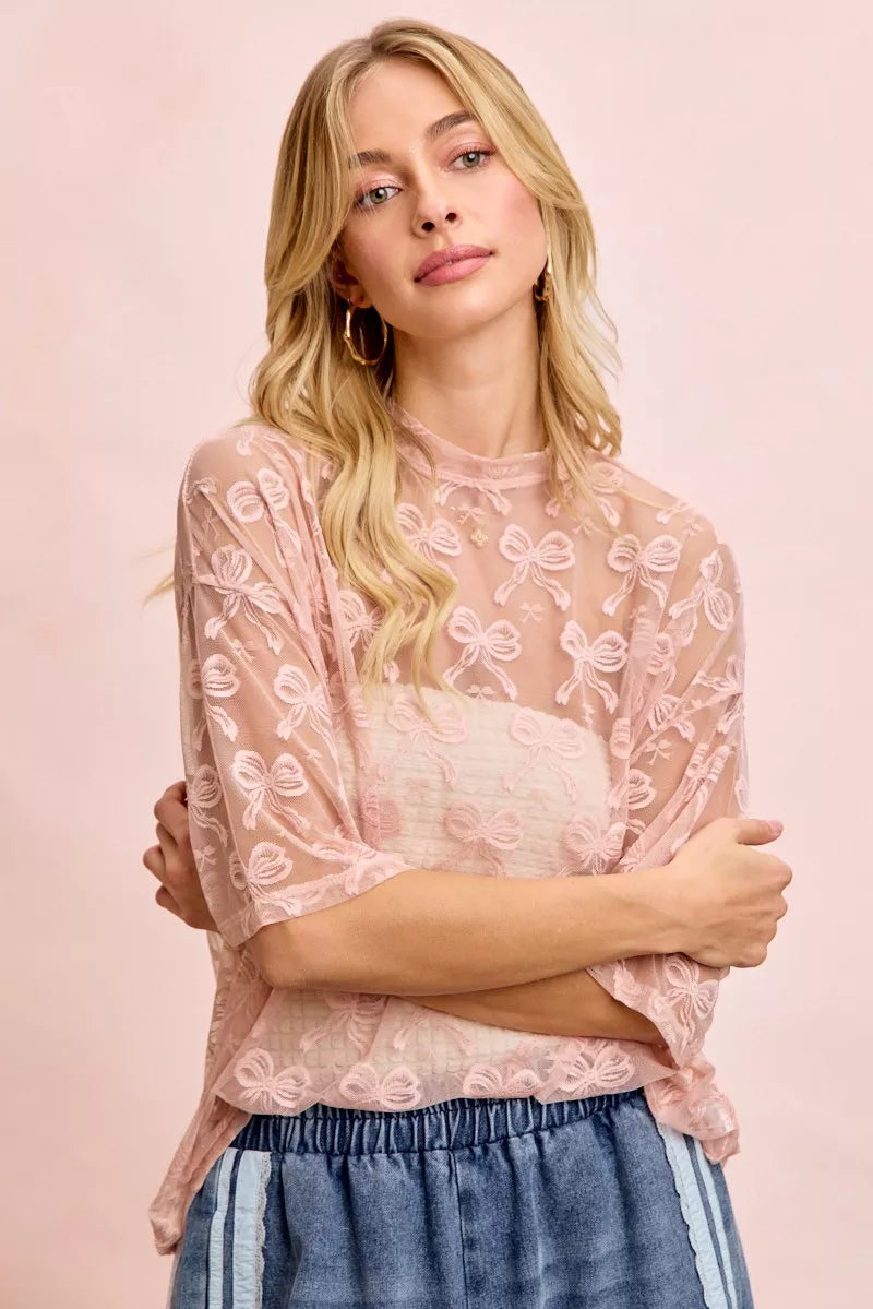 Bow Pattern Short Sleeves Boxy Mesh Top