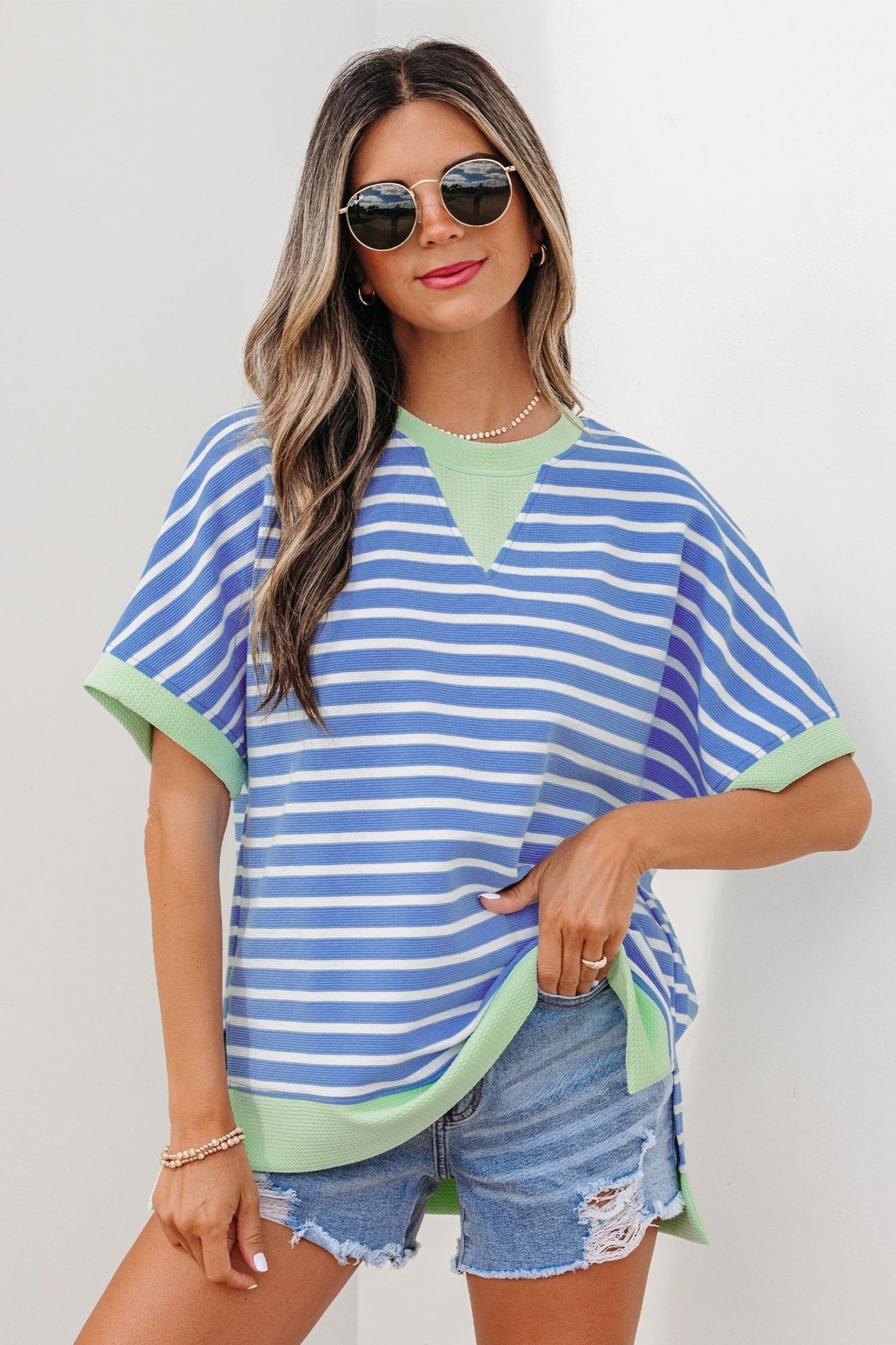 Sky Blue Stripe Contrast Trim Loose Short Sleeve Top - Loving It Shop