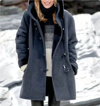Winter Button Coat Fashion Warm Hooded Jacket With Pockets Women&