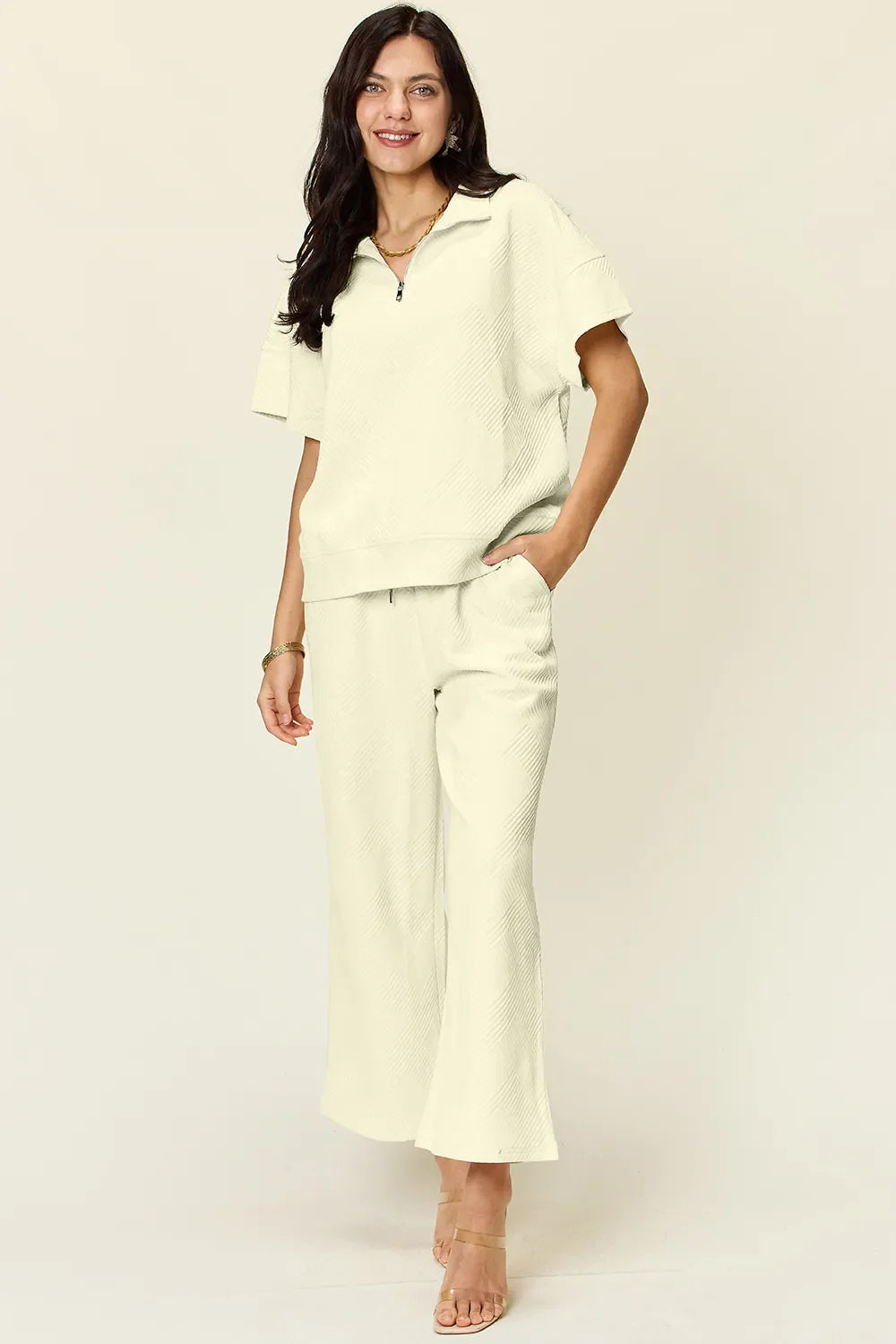 Full Size Texture Half Zip Short Sleeve Top and Pants Set