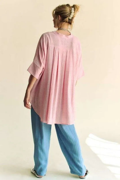 Davi &amp; Dani Rhinestone Pleat Back Short Sleeve Loose Fit Shirt