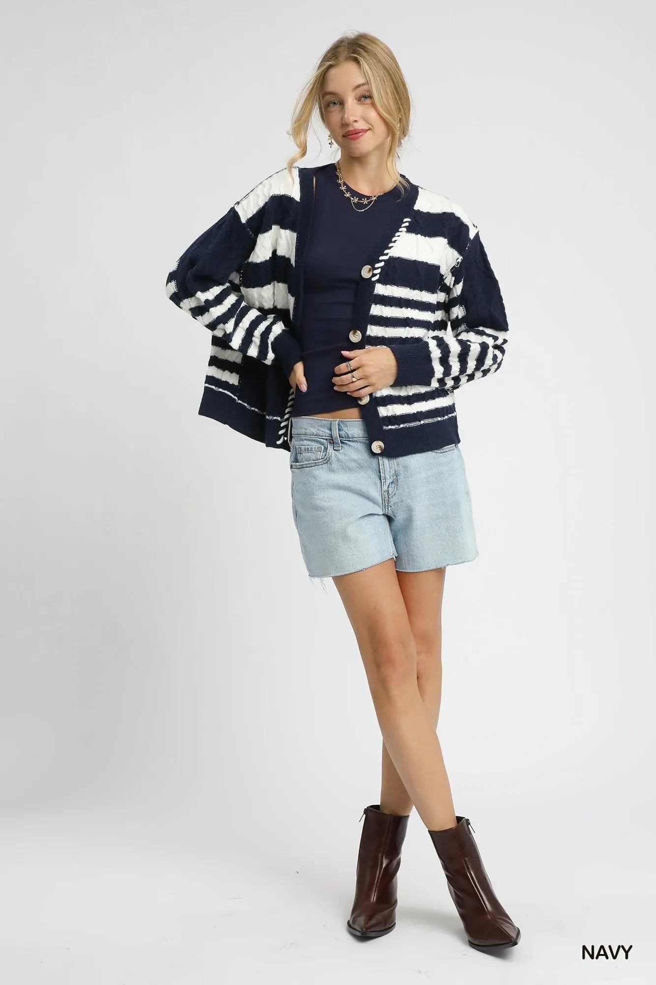Cable-Knit Stripe Button-Up Cardigan