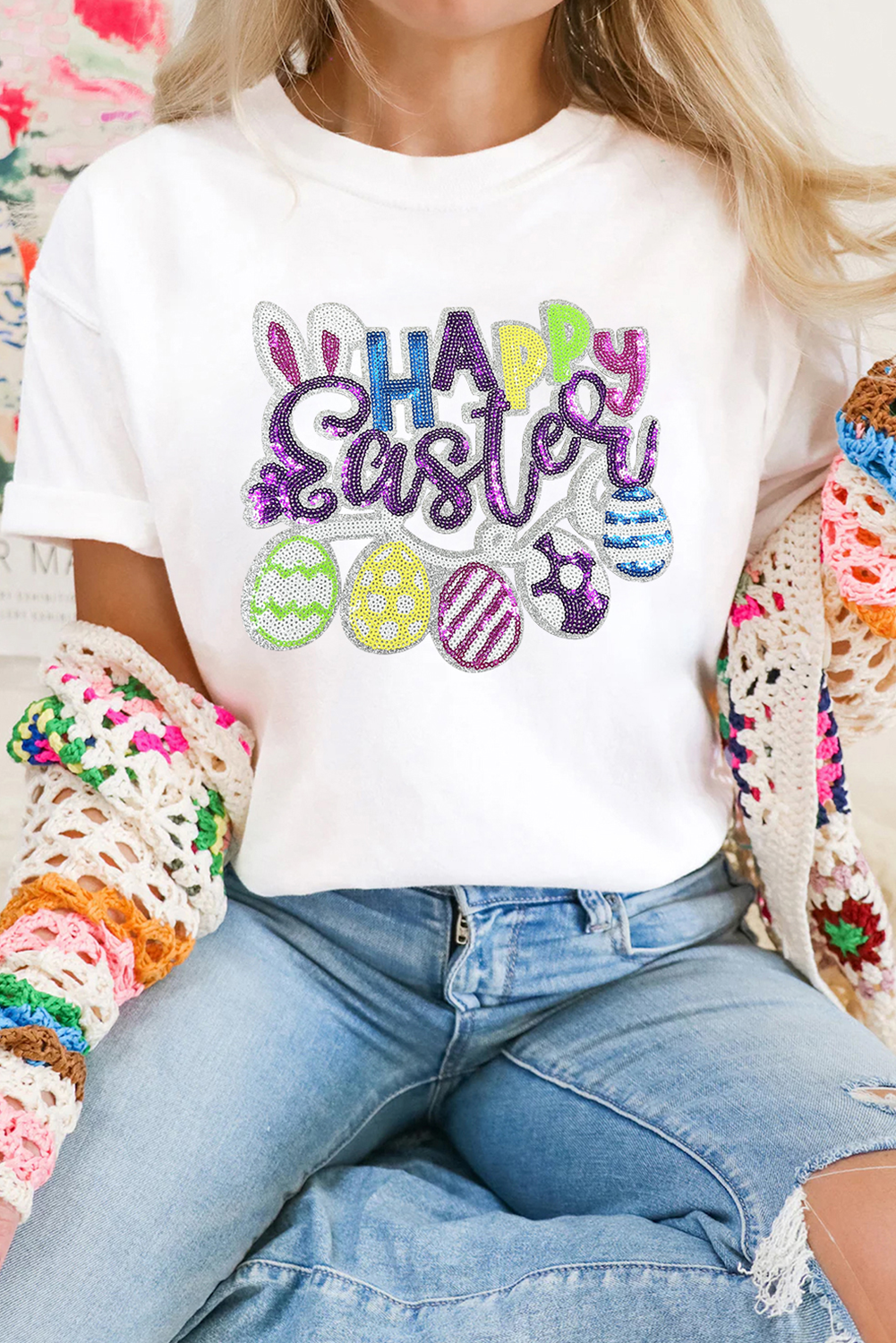 White Happy Easter Sequin Patched Casual Tee - Loving It Shop