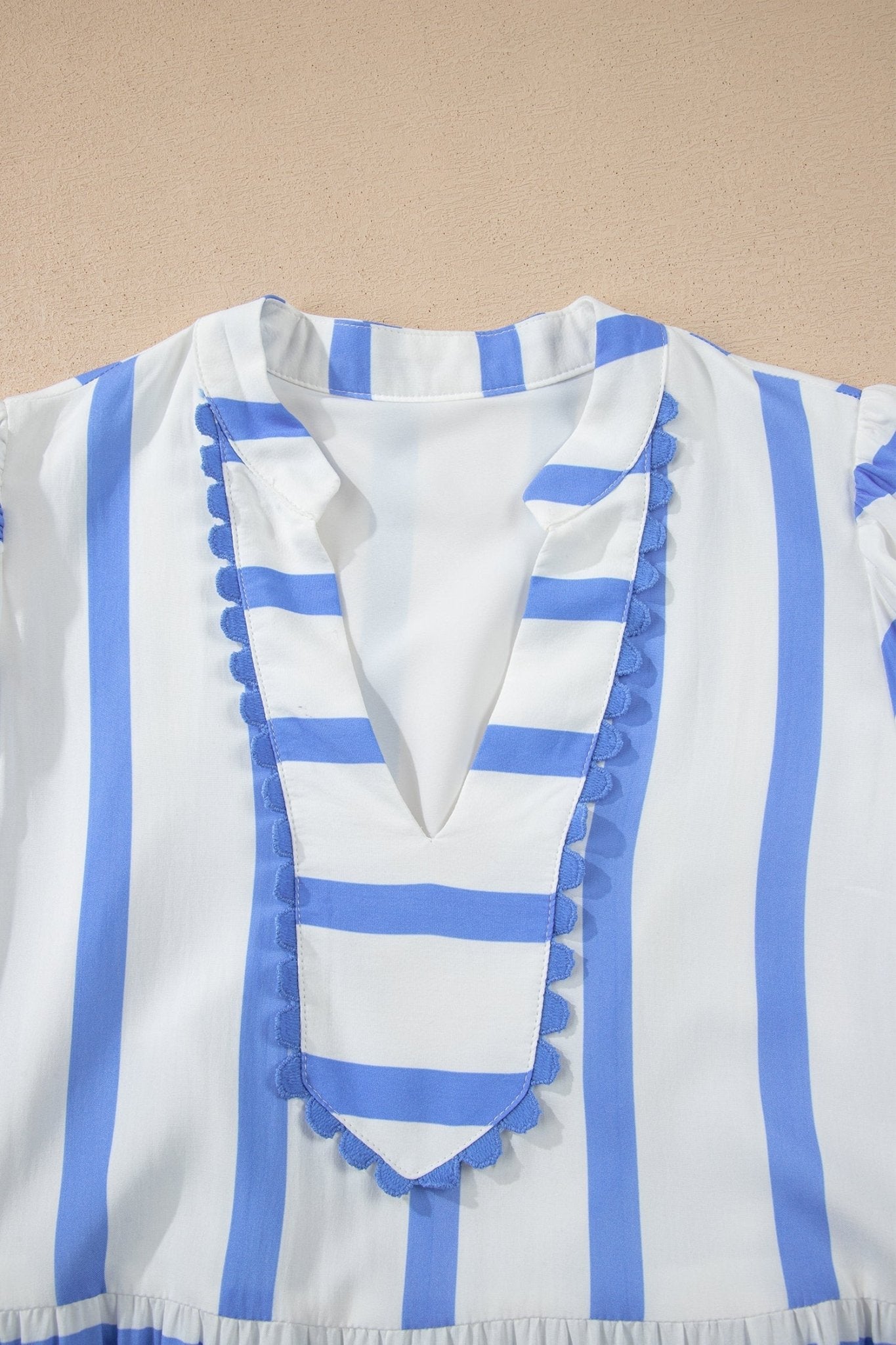 Sky Blue Stripe Ricrac Trim Notched Neck Half Sleeve Vacation Dress - Loving It Shop