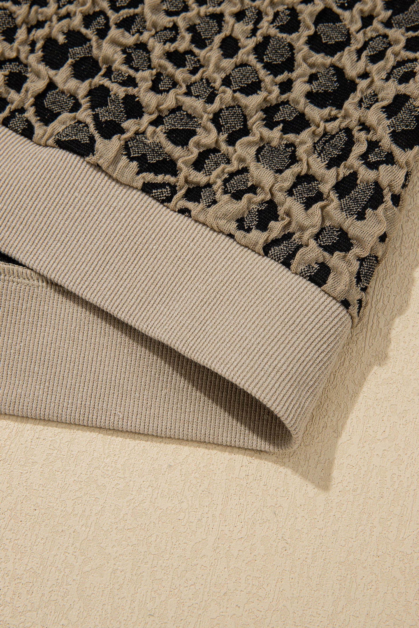Beige Ribbed Patchwork Collar Cuffed Sleeve Leopard Plus Top