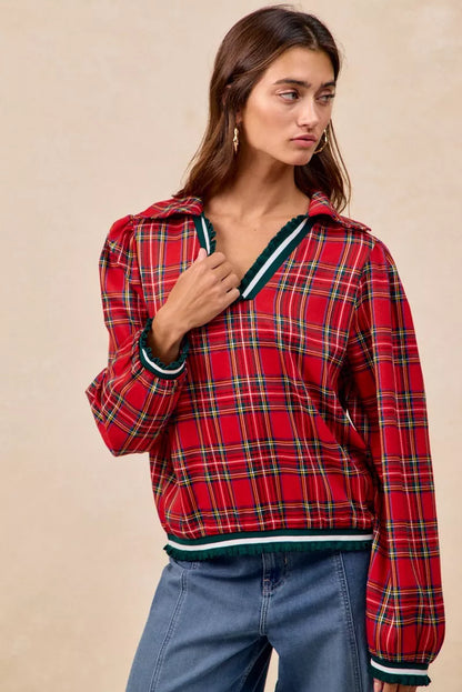 Christmas Plaid Collared Top with Ruffled Detail