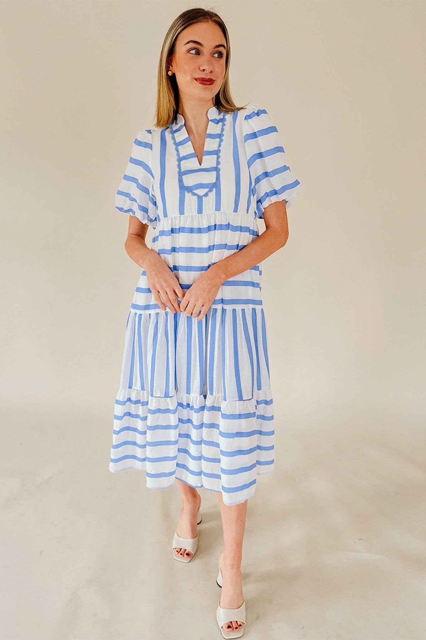 Sky Blue Stripe Ricrac Trim Notched Neck Half Sleeve Vacation Dress - Loving It Shop