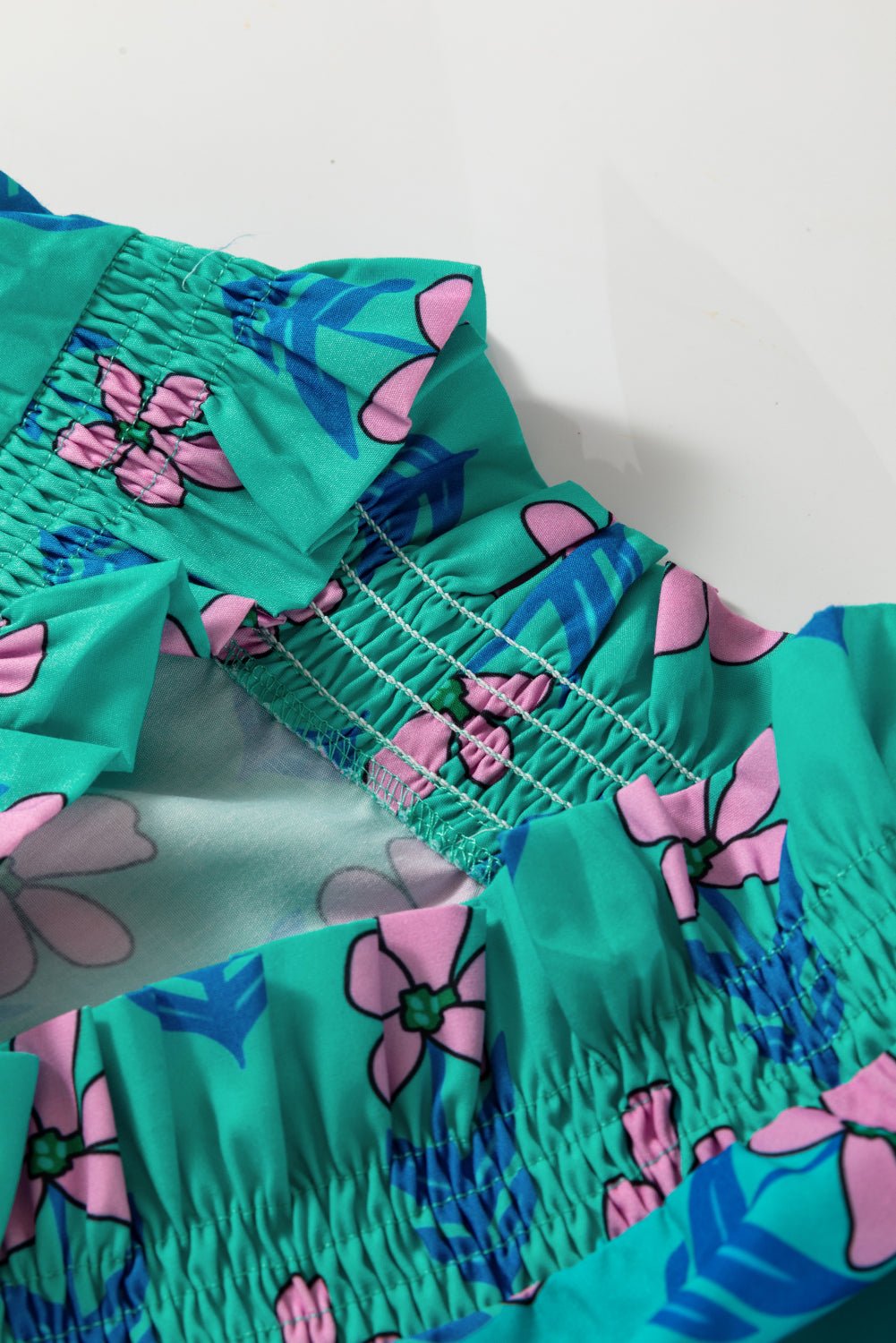 Green Floral Print Frilly Smocked Detail High Waist Mini Dress - Loving It Shop
