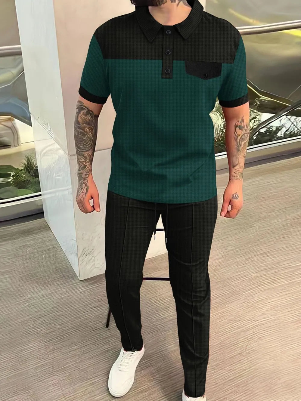 Men‘s Full Size Waffle-Knit Contrast Top and Pants Set Plus Size