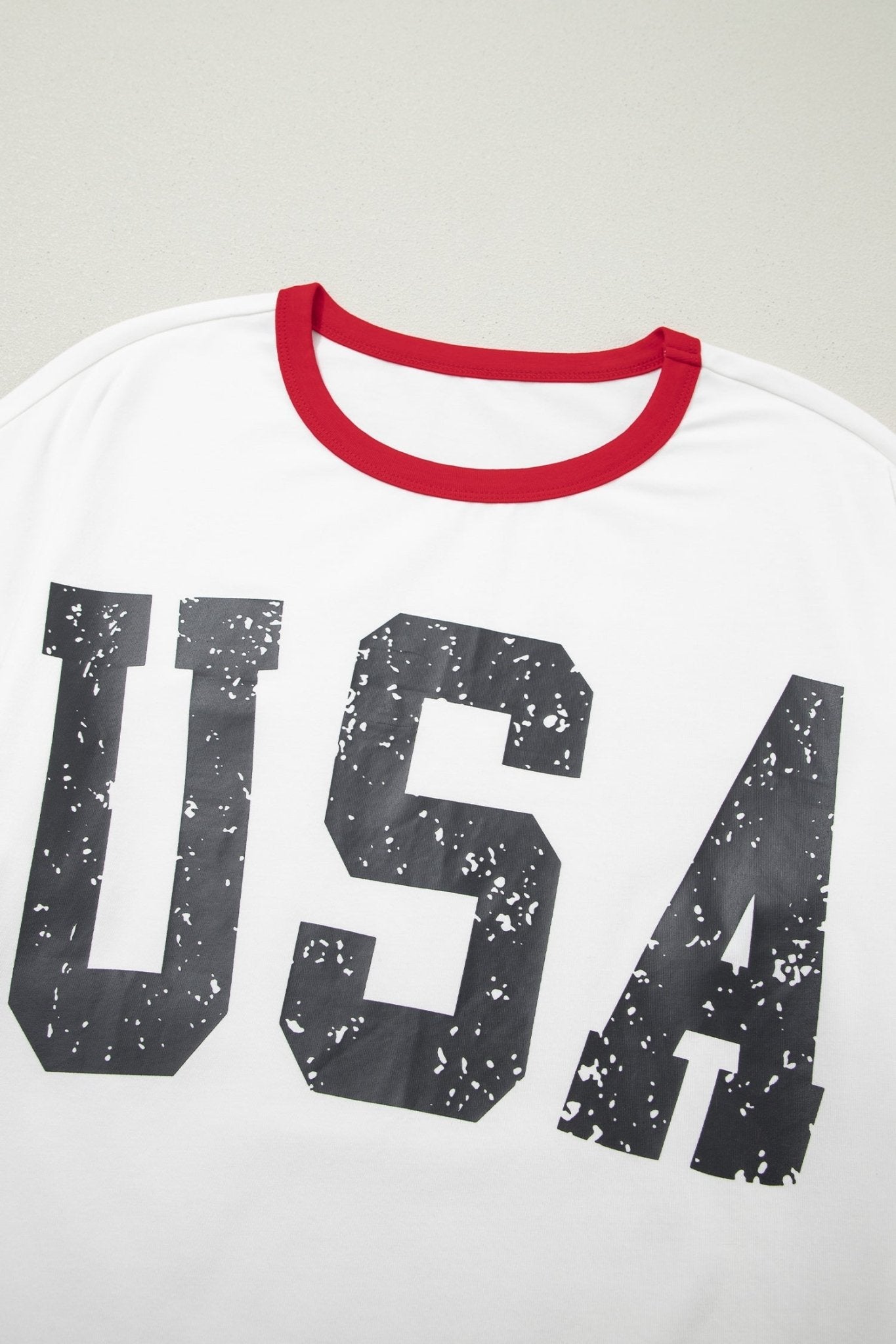 White USA Letter Printed Varsity Striped Sleeve Round Neck Tee - Loving It Shop