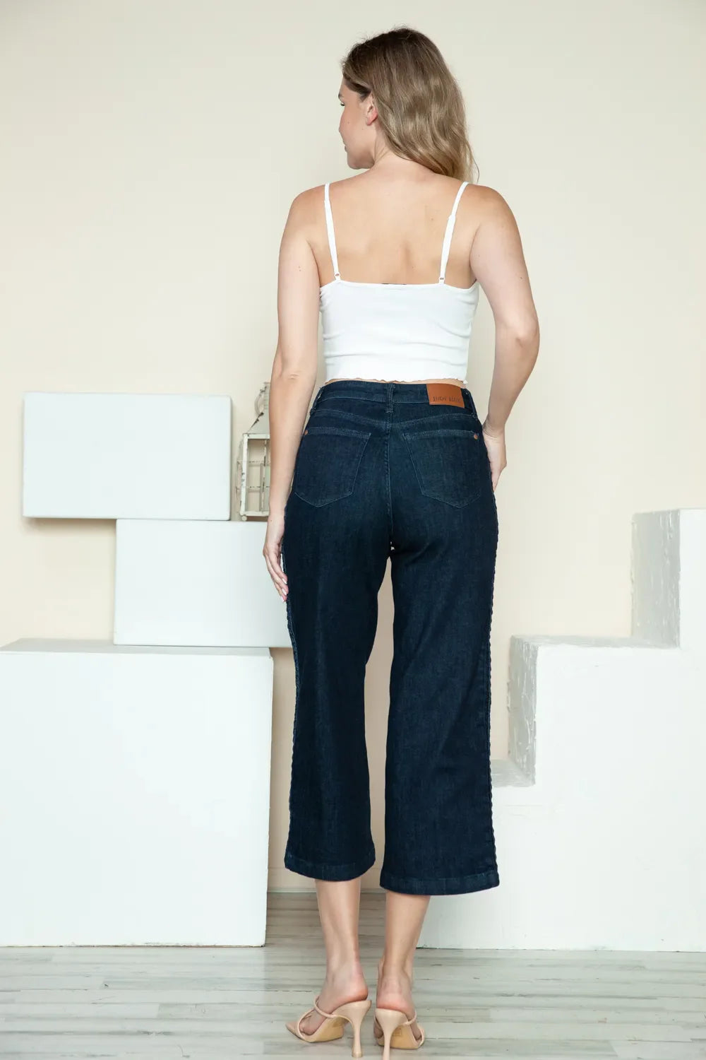 Full Size Side Seam Braid Detail Crop Wide Leg Jeans