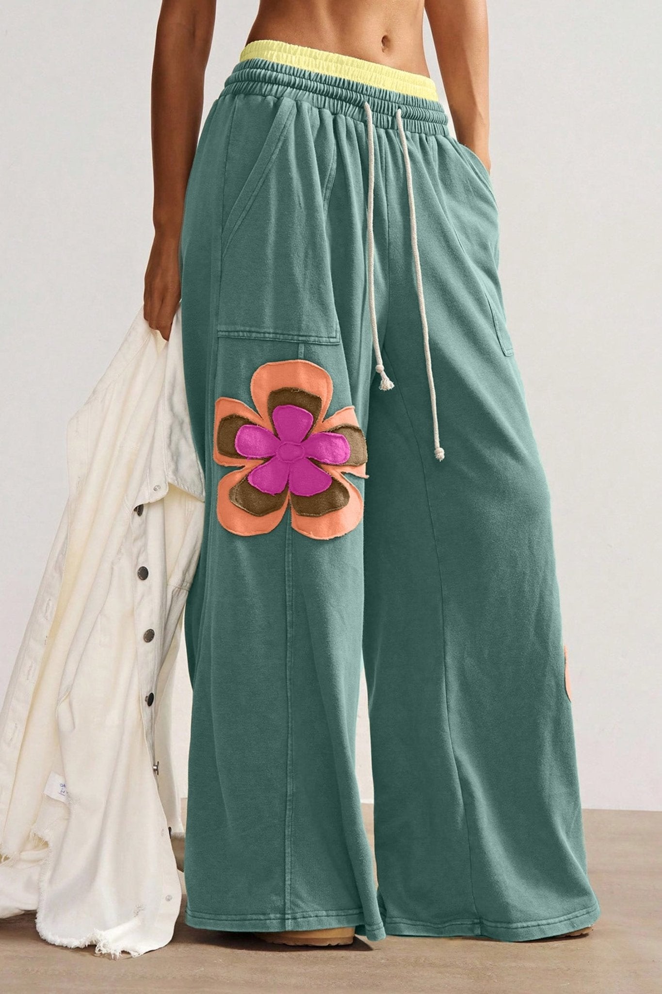 Sea Green Color Block Flower Patchwork Drawstring Contrasted Elastic Waist Wide Leg Pants - Loving It Shop
