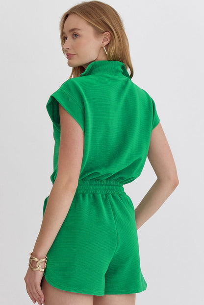 Bright Green Textured Short Sleeve Half Zip Drawstring Waist Romper