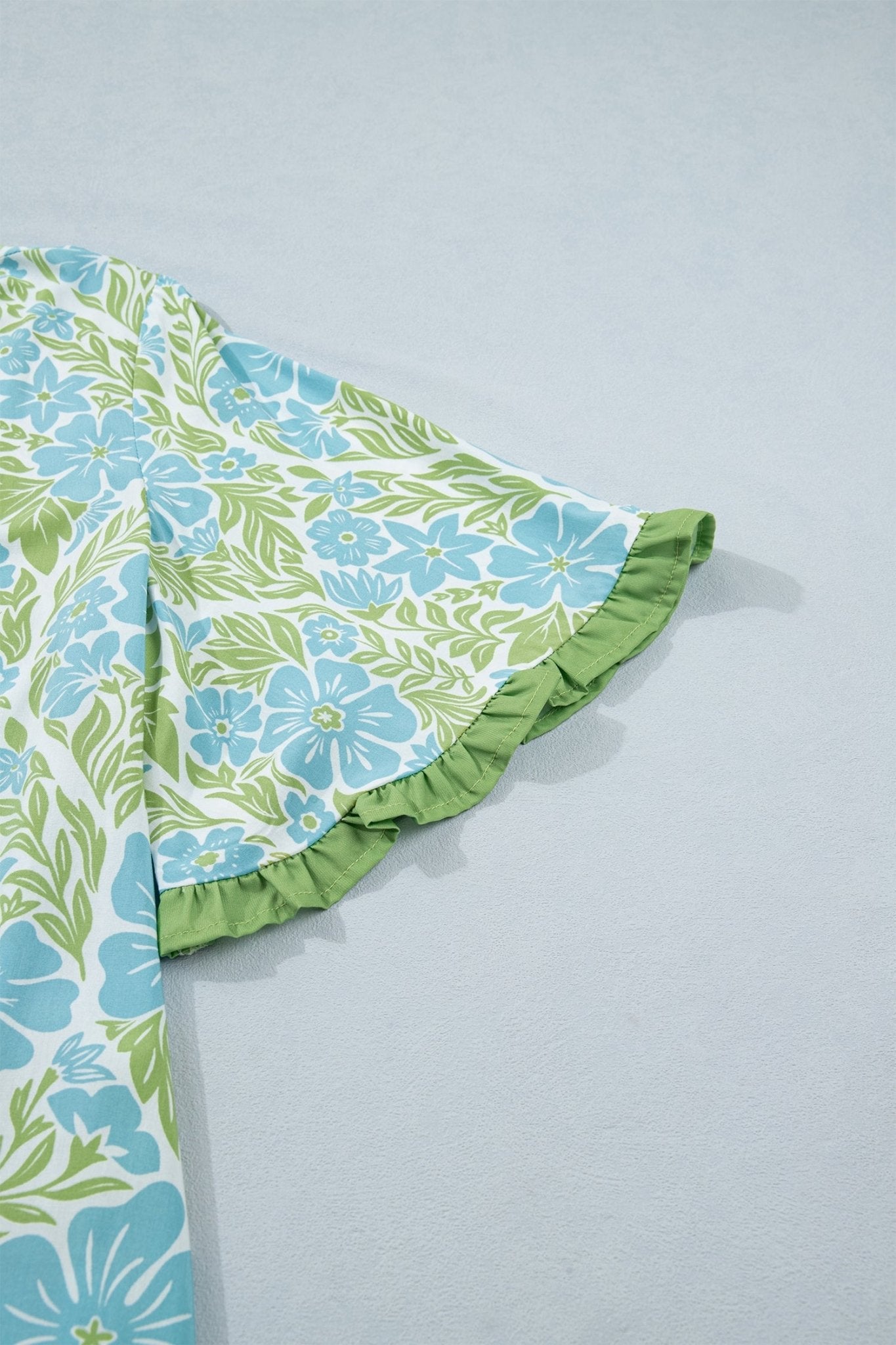 Sky Blue Botanical Floral Print Frilled Trim V Neck Button Front Loose Dress - Loving It Shop