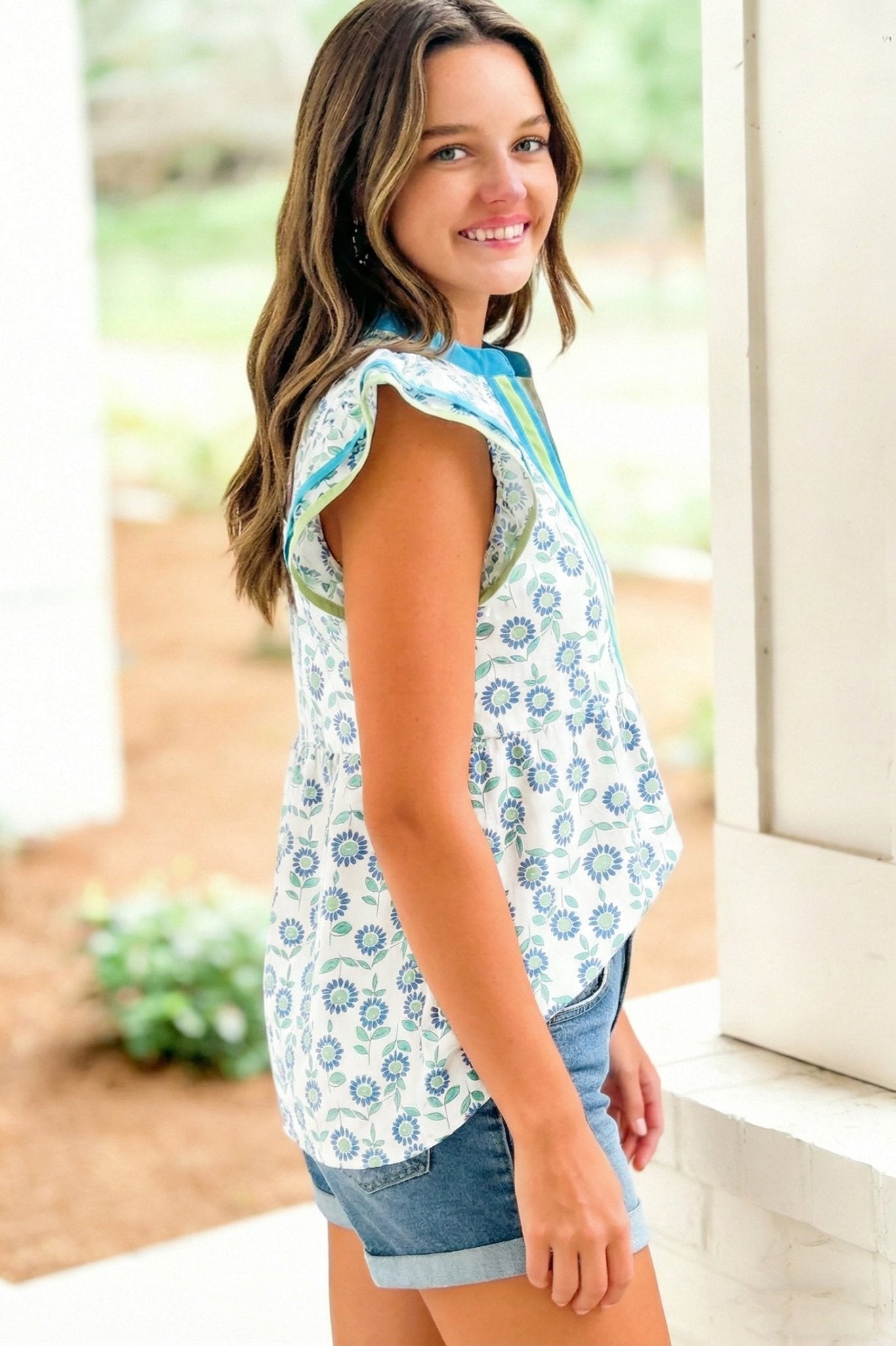 Green Sunflower Printed Contrast Trim V Neck Flutter Sleeve Blouse - Loving It Shop