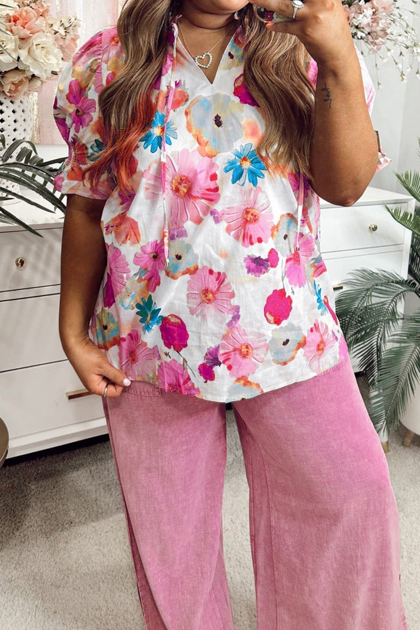Pink Plus Size Floral Print Ruched Short Sleeve Blouse - Loving It Shop