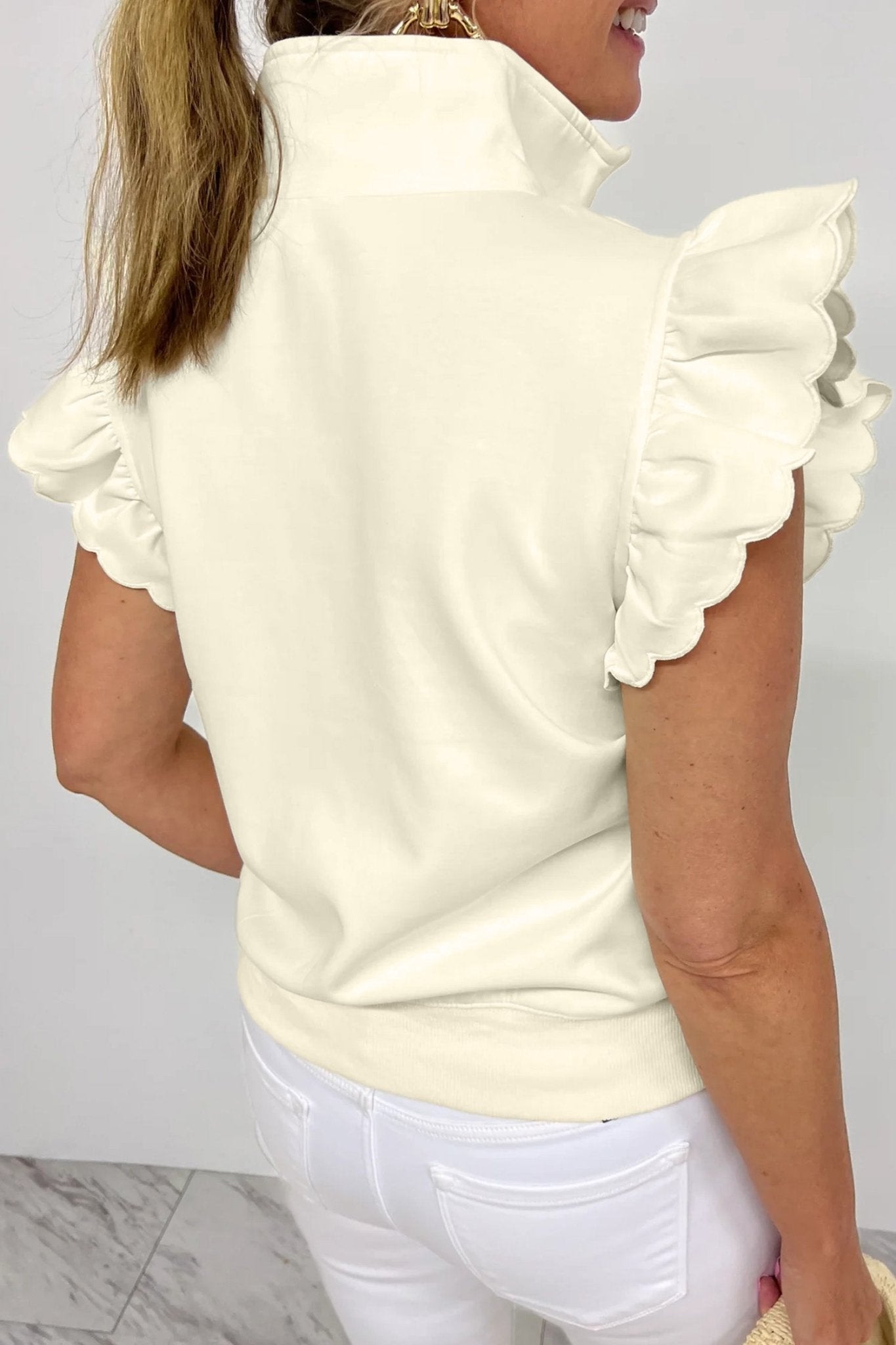 Beige Zipped up Collared Ruffled Short Sleeve Blouse - Loving It Shop