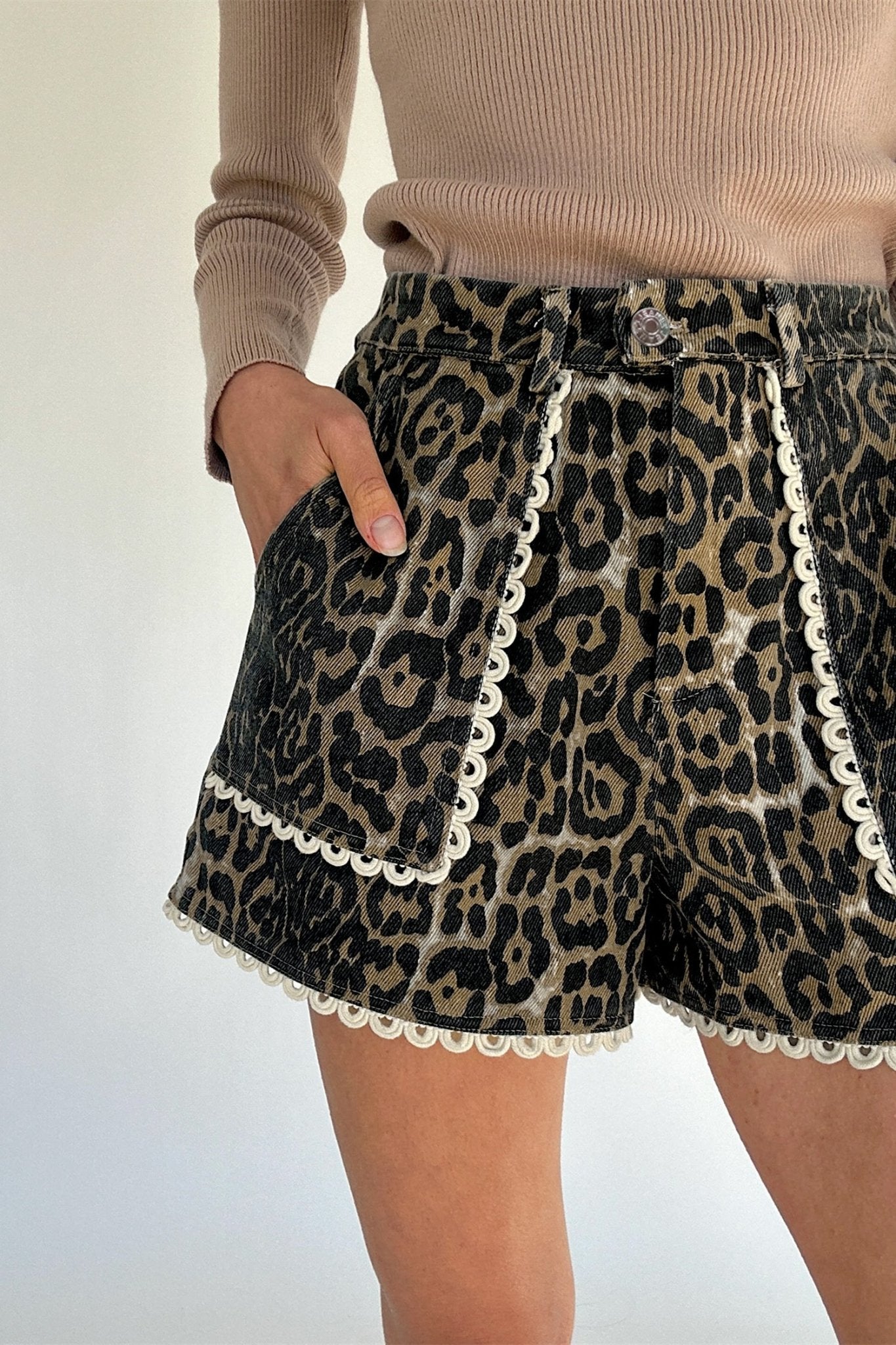 Khaki Contrast Scalloped Lace Trim Leopard Denim Shorts - Loving It Shop