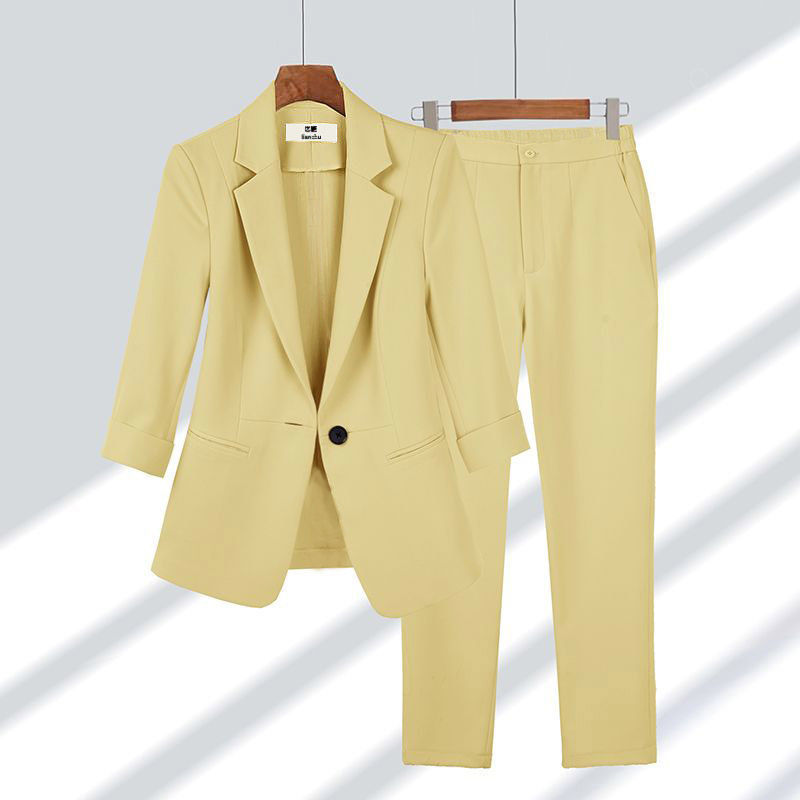 2pcs Casual Blazer Set Solid Color Lapel Single-breasted Jacket And Zipper Straight Pants Women&