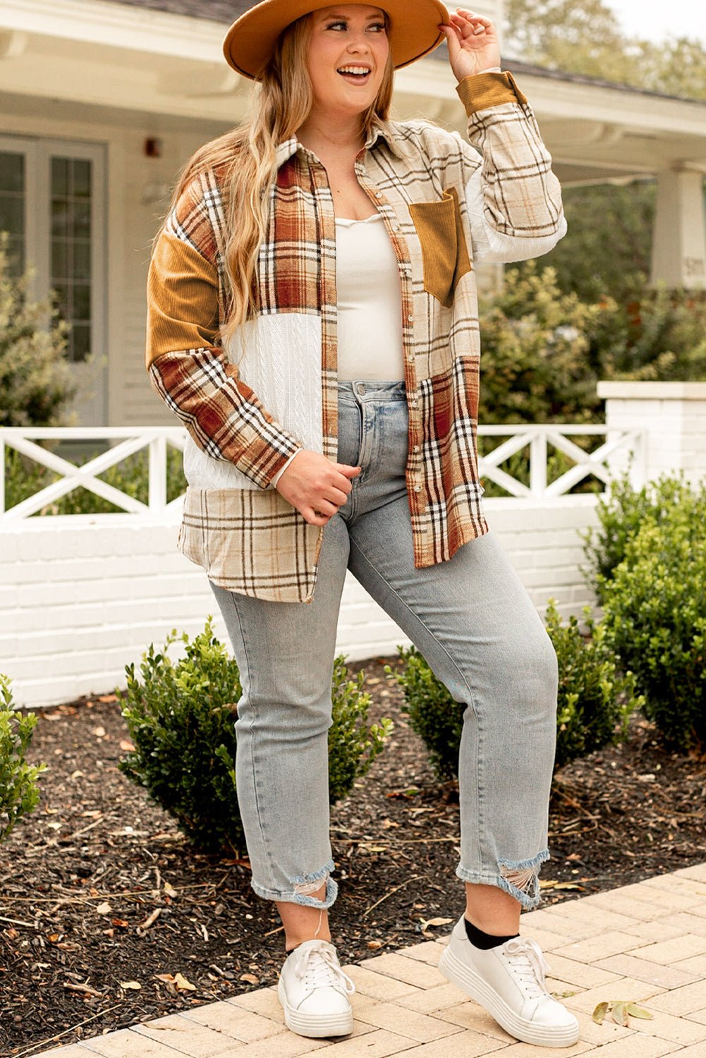 Golden Apricot Plus Size Plaid Patchwork Button up Shacket - Loving It Shop