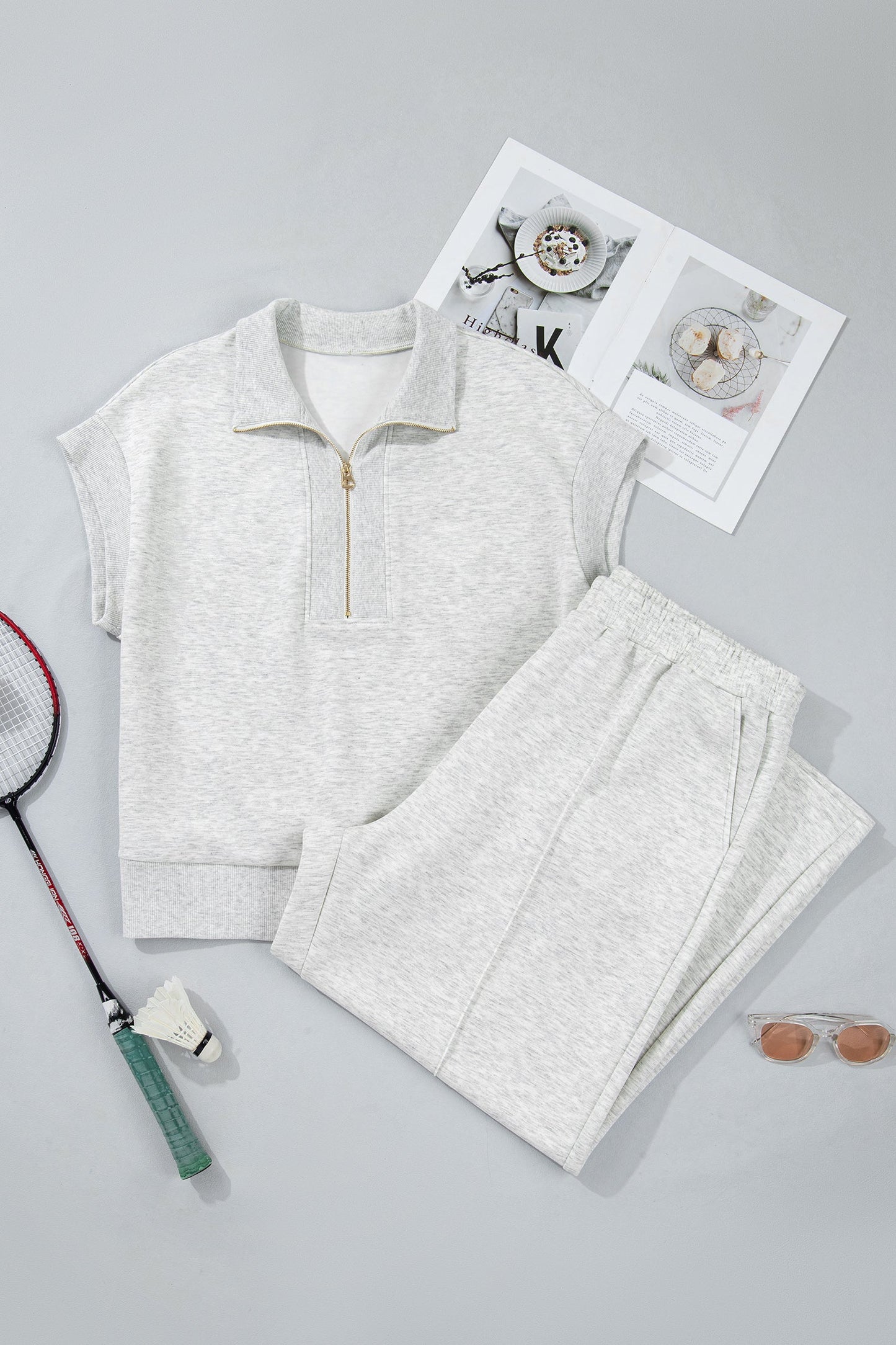 Light Grey Half Zip Polo Tee Loose Pants Plus Size 2pcs Outfit