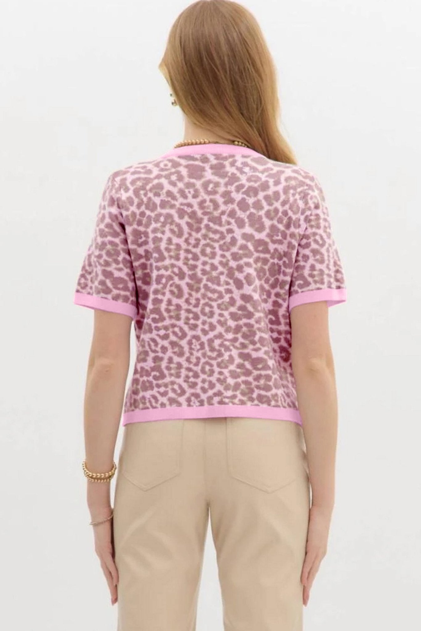 Pink Leopard Button Down Short Sleeve Sweater Cardigan - Loving It Shop