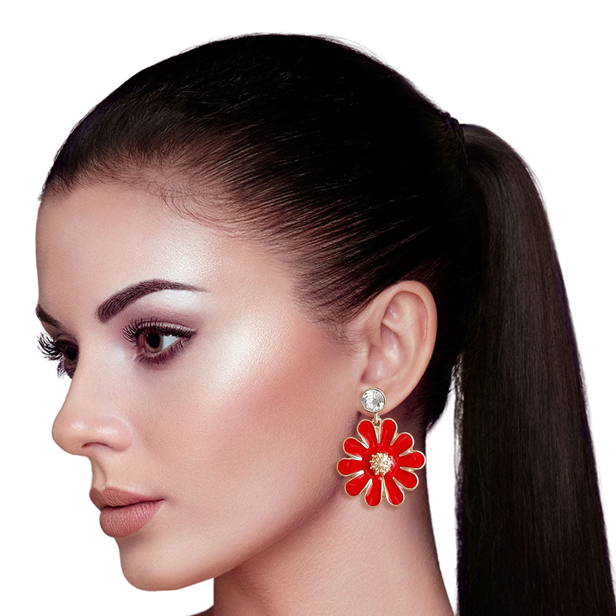Statement Red Metal Daisy Earrings Stylish Fashion Jewelry Accessories