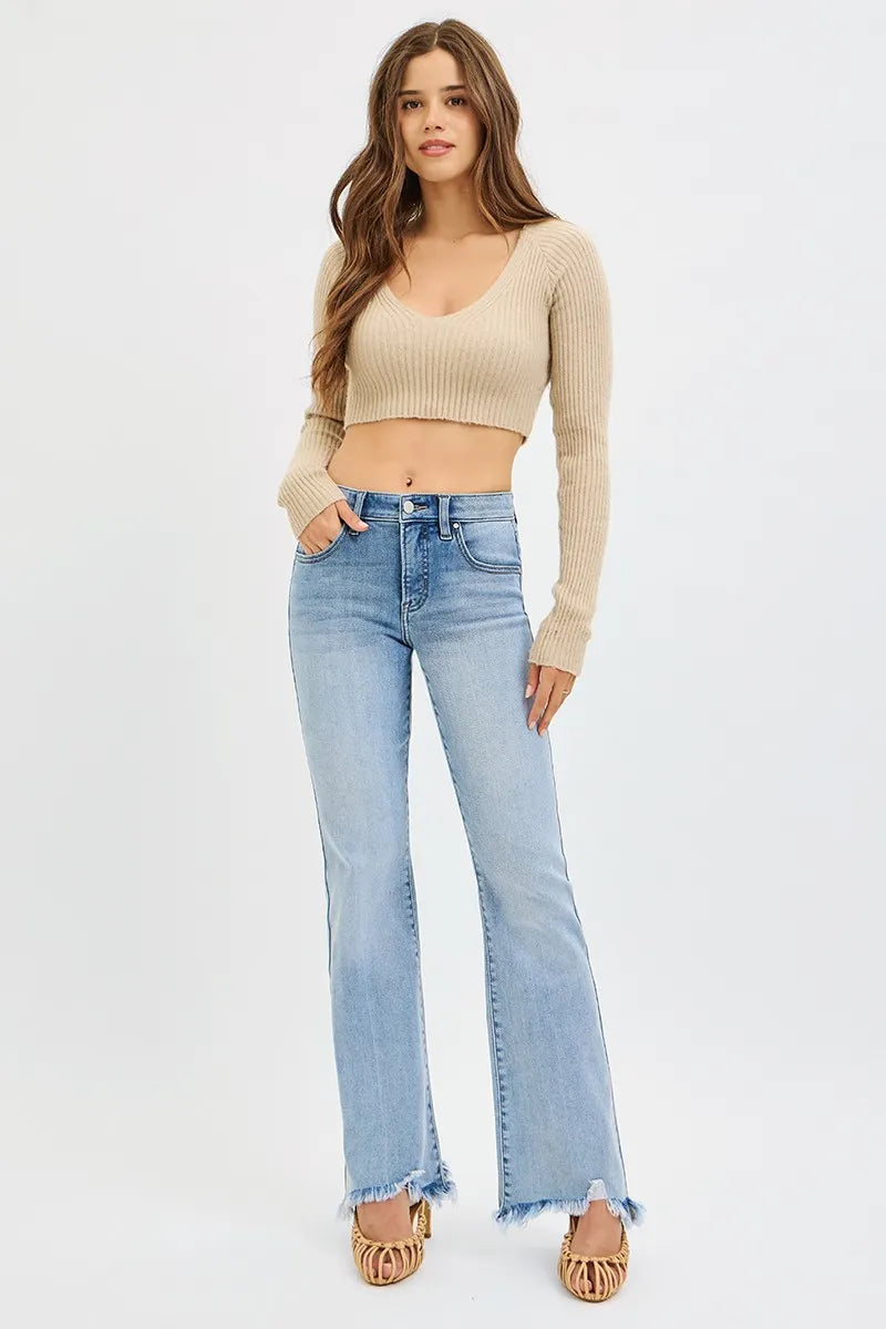 Full Size Tummy Control Mid Rise Flare Jeans with Fray Hem Detailed Plus Size