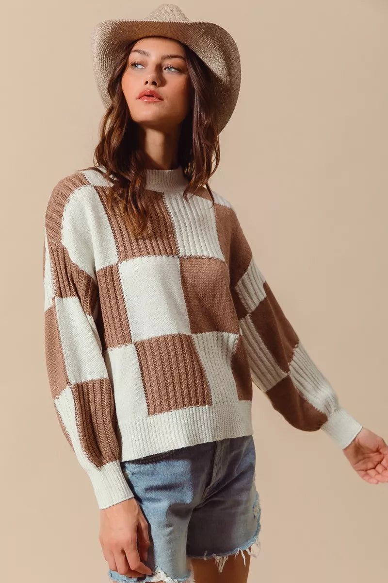 Ribbed Color Block Checkered Plaid Sweater