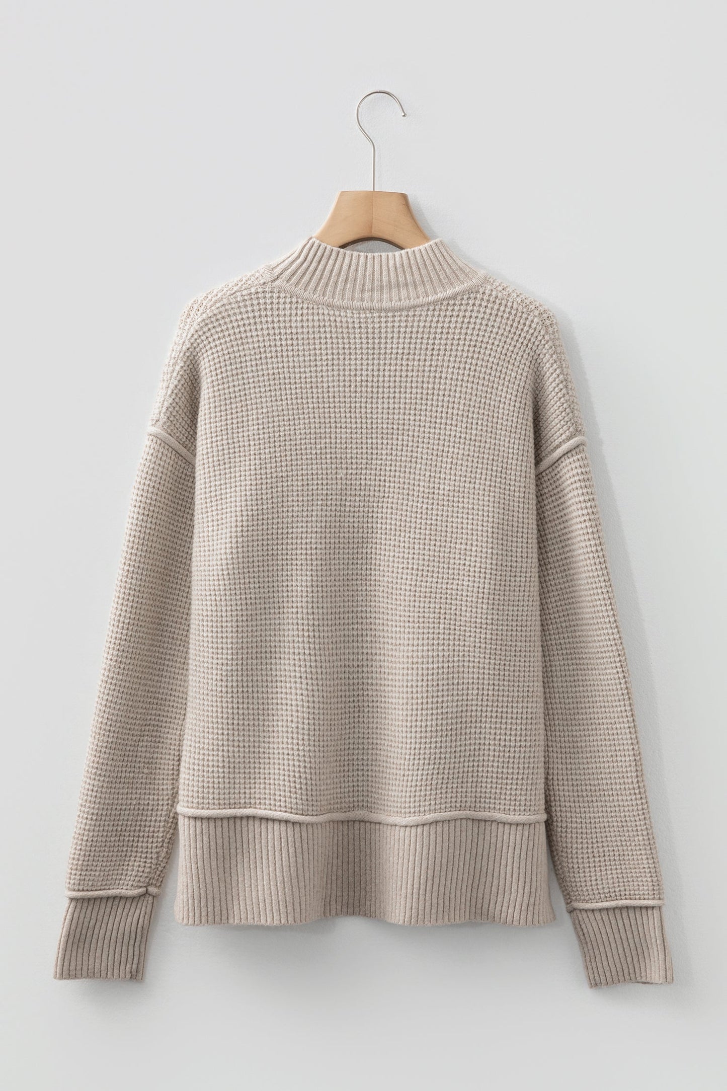 Gray Morn Waffle Texture Knit Ribbed High Neck Drop Shoulder Sweater