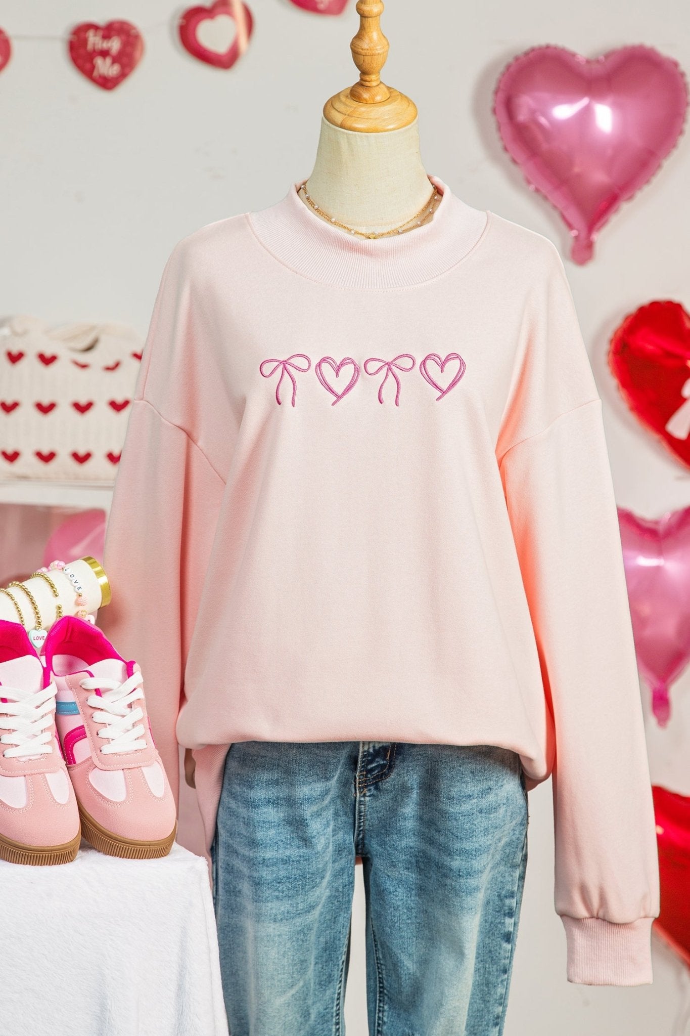 Apricot Pink Valentines Bow Heart Embroidered Mock Neck Sweatshirt - Loving It Shop
