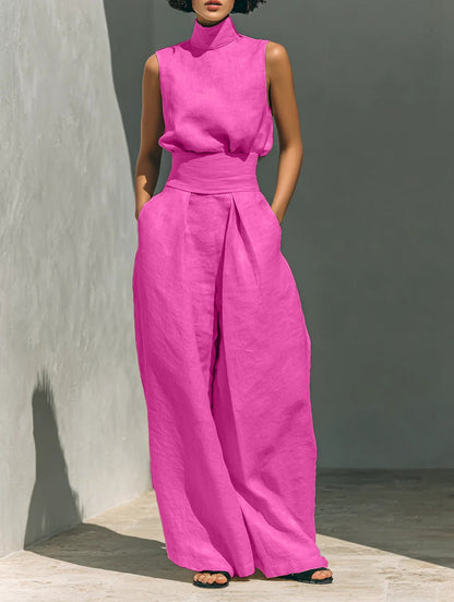 Casual Sleeveless Suit Summer Stand-up Collar Pullover Top And Loose Straight-leg Trousers Women&