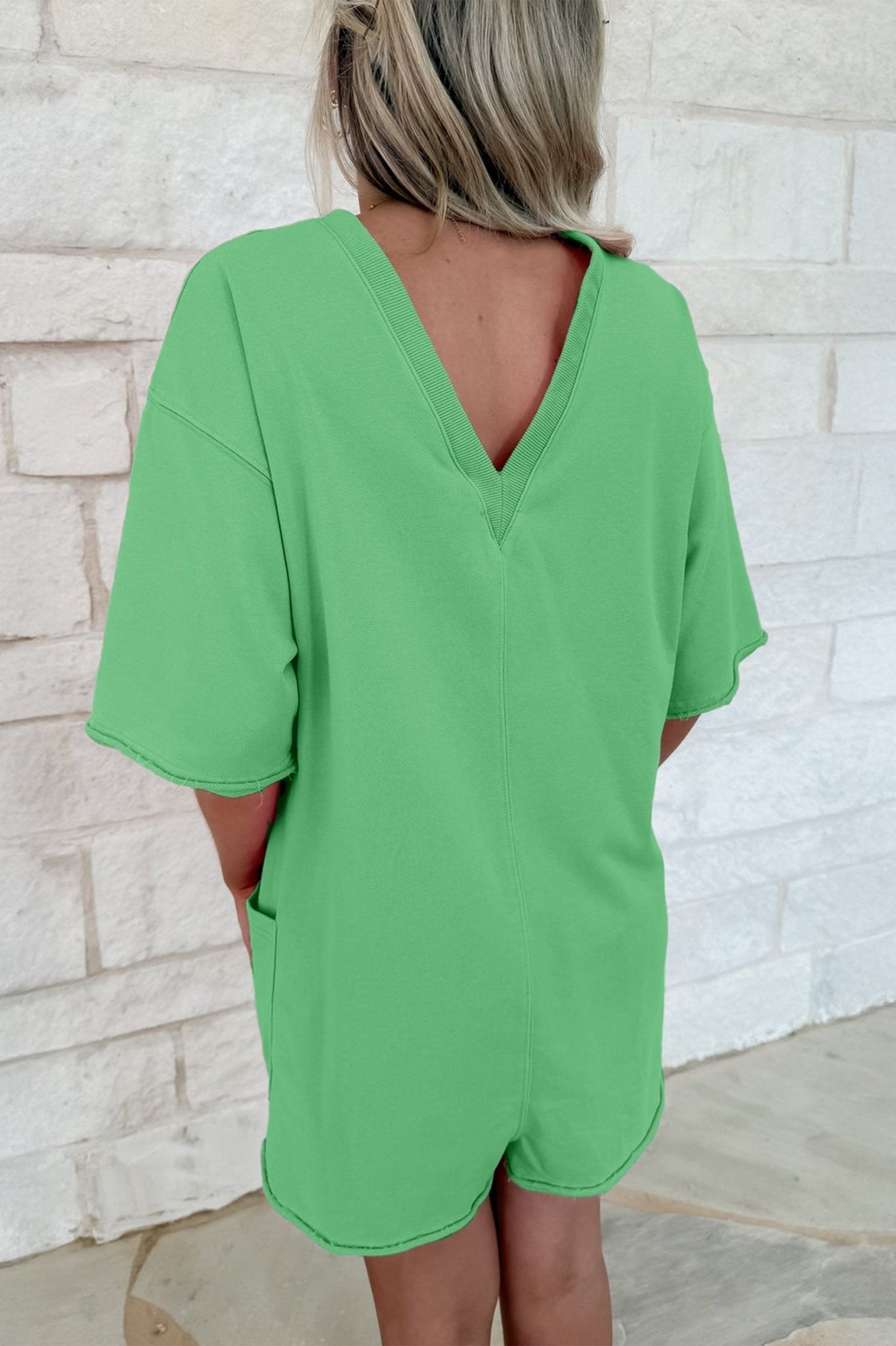 Bright Green Solid Color Raw Edge Half Sleeve Pocketed Loose Romper - Loving It Shop
