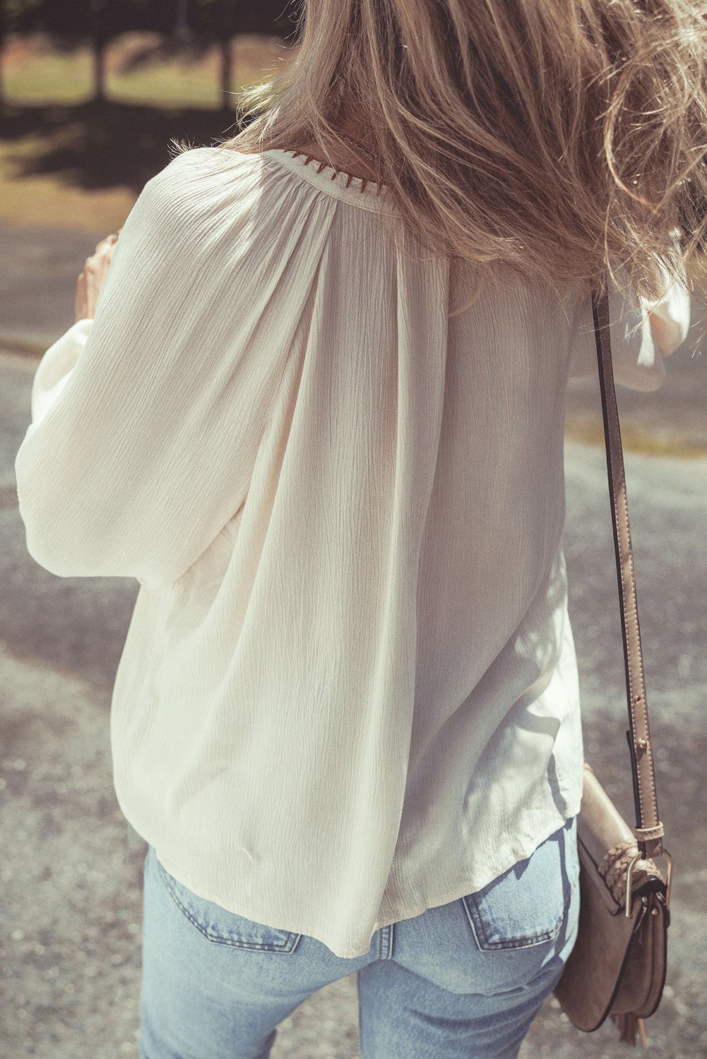 Beige Floral Embroidered Textured Puff Sleeve Loose Shirt - Loving It Shop