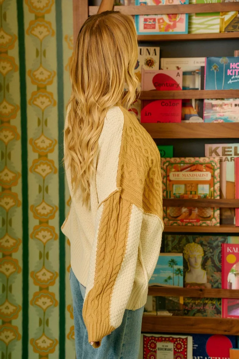 Cable Knit With Hacci Combo Sweater With Uneven Hem Detail