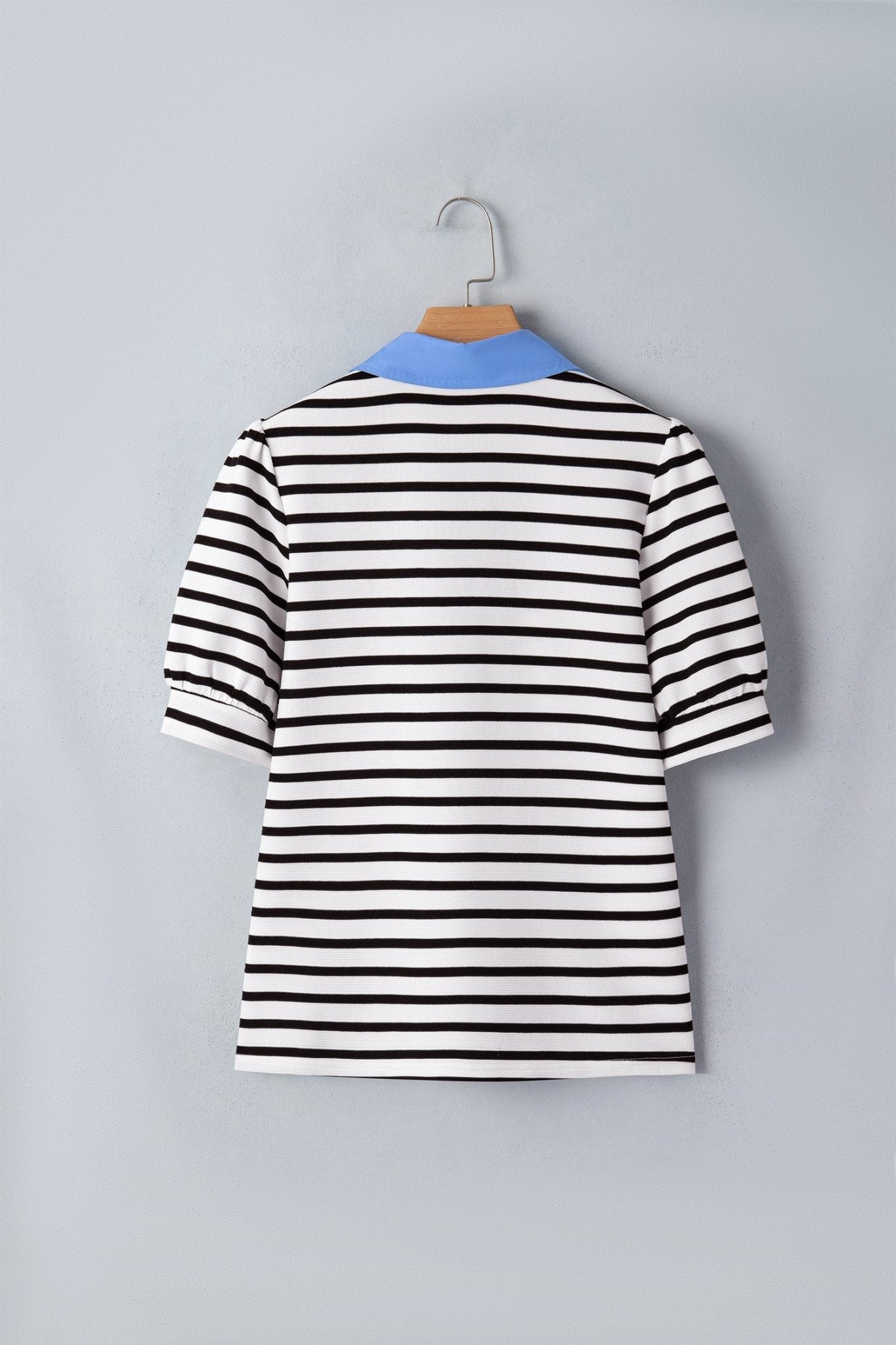 Black Stripe Short Puff Sleeve Color Block Polo Collar Blouse - Loving It Shop