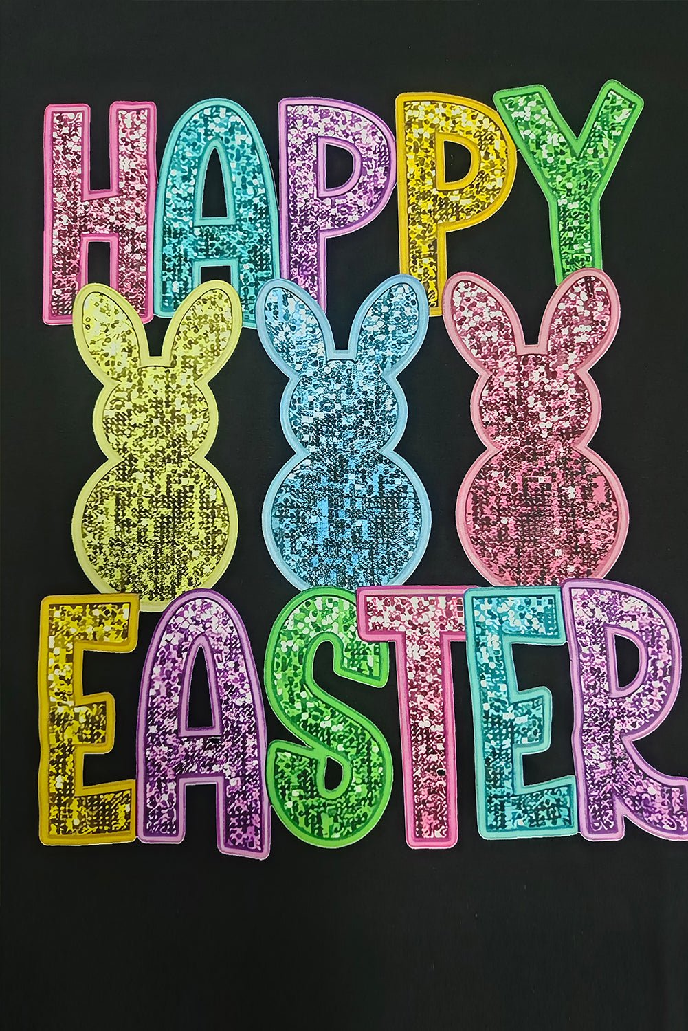 Black Glittering Bunny HAPPY EASTER Graphic T Shirt - Loving It Shop