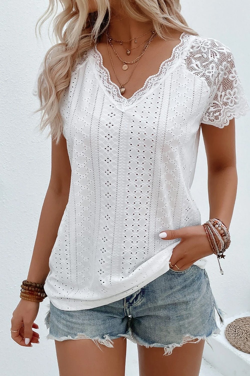 White Sheer Lace Short Sleeves Eyelet Embroidered Tee - Loving It Shop