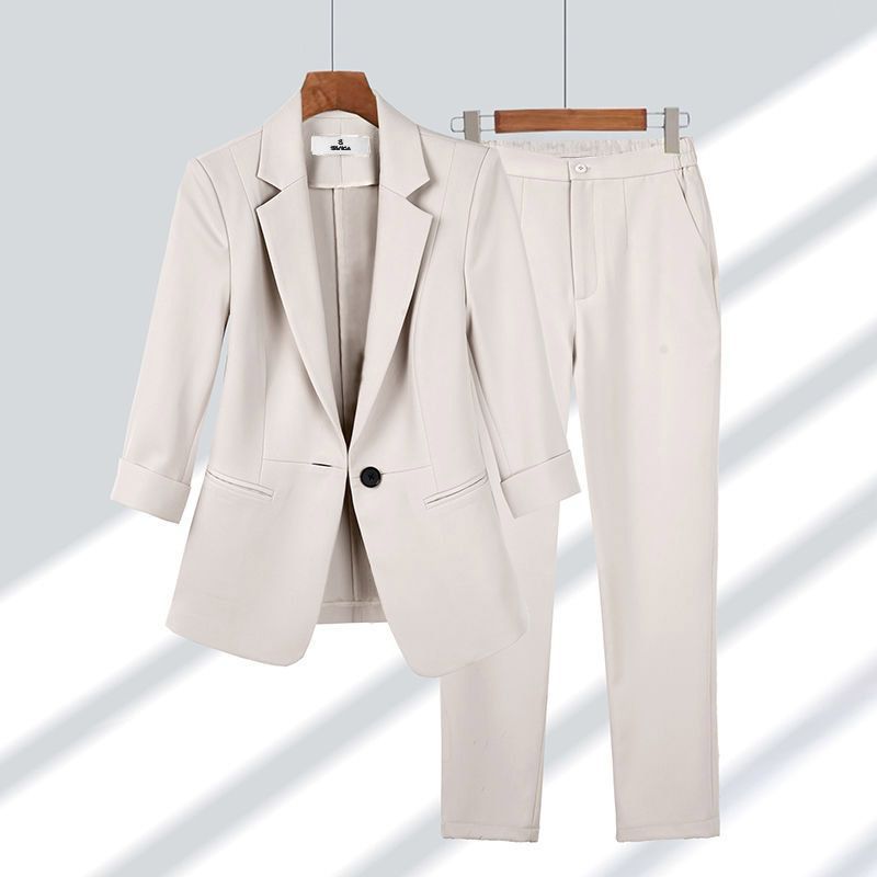 2pcs Casual Blazer Set Solid Color Lapel Single-breasted Jacket And Zipper Straight Pants Women&