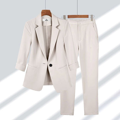 2pcs Casual Blazer Set Solid Color Lapel Single-breasted Jacket And Zipper Straight Pants Women&