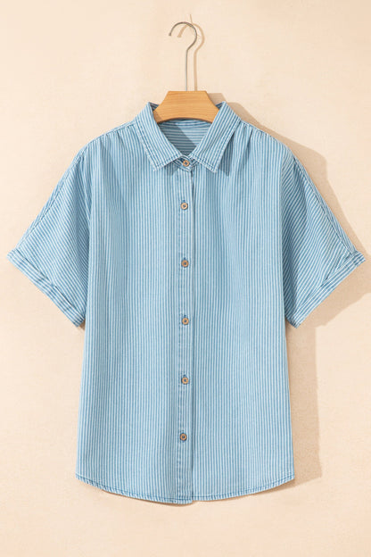Sky Blue Stripe Cuffed Short Sleeve Button up Loose Shirt