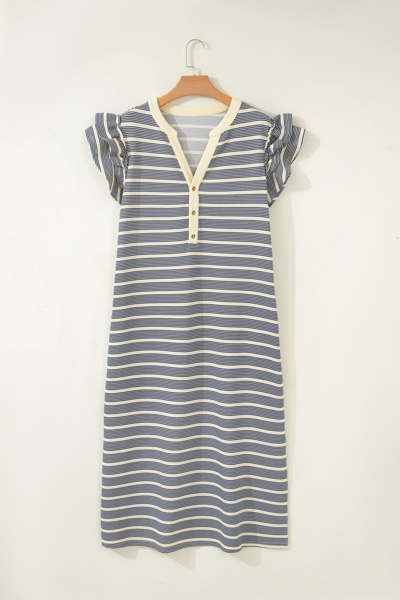 Blue Stripe Plus Size Contrast Trim Button V Neck Ruffle Sleeve Shift Dress - Loving It Shop