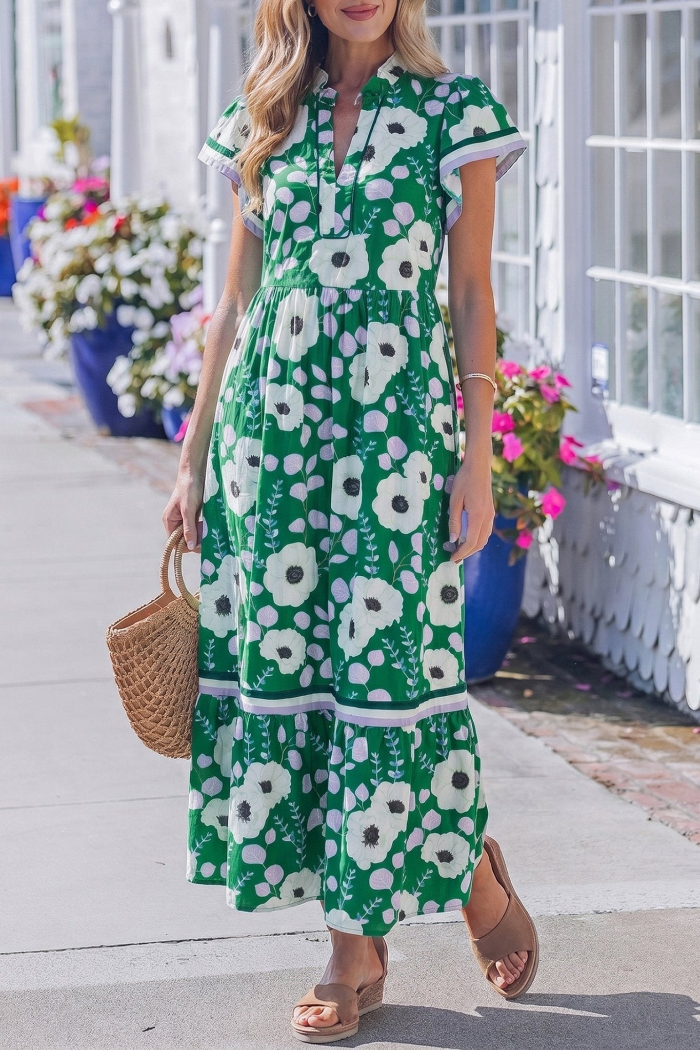 Green V Neck Ruffled Short Sleeve Flower Maxi Dress - Loving It Shop