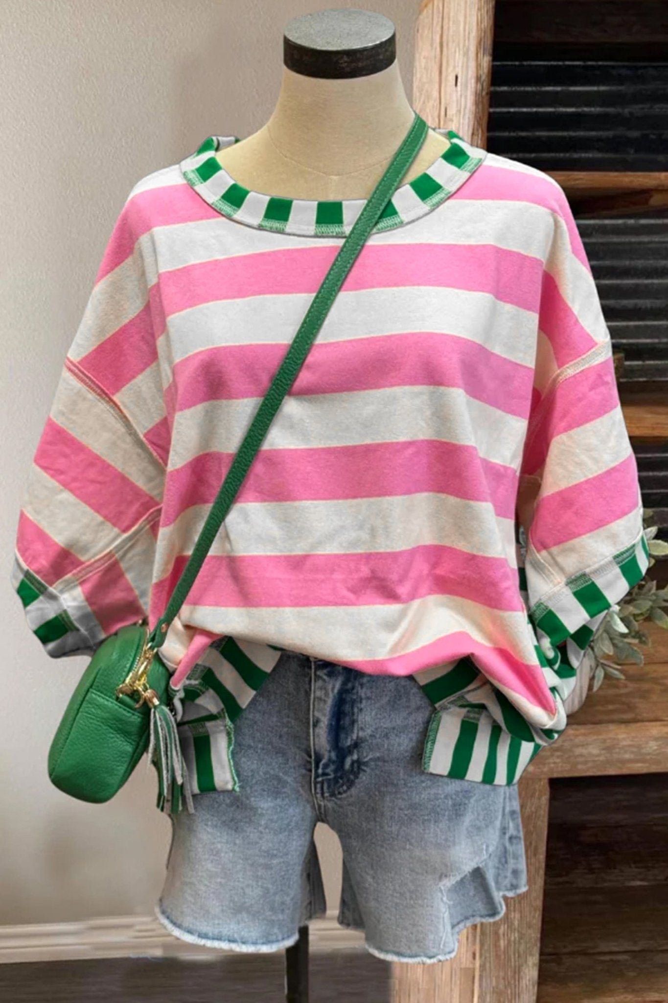Pink Stripe Exposed Seam Contrast Patchwork Oversized Top - Loving It Shop